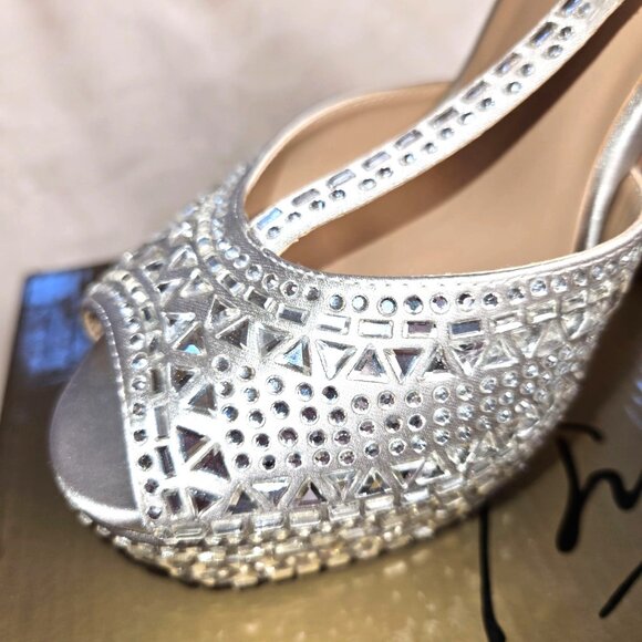 Thalia Sodi Silver Rhinestone Studded High Heel T-Strap Peep Toe Shoes 7M - Picture 7 of 14